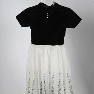 50s B&W Flocked Border Print Kid's Dress | Size 12 | VTG